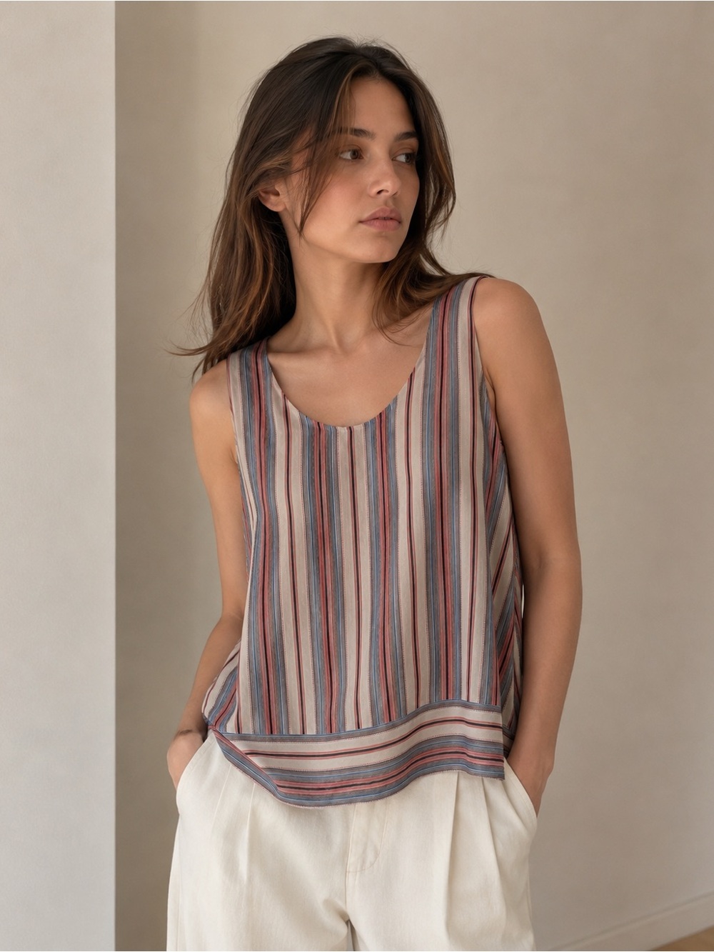 Max Studio Striped Scoop Neck Tank Top - Blue, Red, Cream